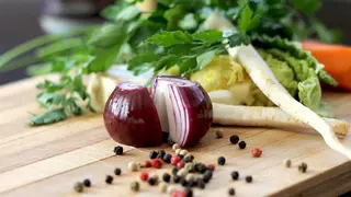 Vegetables and spices on a chopping board